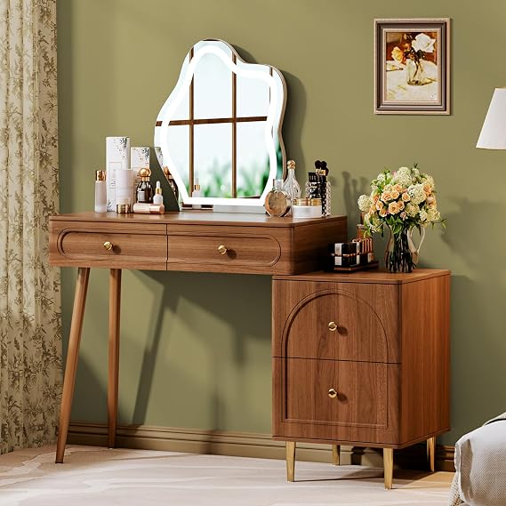 Chrangmay Biack Stylish Corner Makeup Vanity Table,with Lighted Mirror and 4 Spacious Drawers,Bedroom Essential Dressing Table with Nightstand,Modern Minimalist Writing Desk for Girls, 505BLK