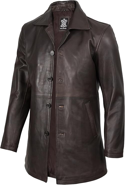 fjackets Leather Coat Men Real Lambskin - 3/4 Length Long Leather Jacket Men, Car Coat Style Genuine Mens Leather Coat