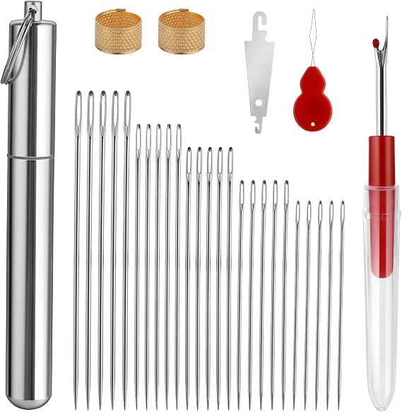 Prasacco 31pcs sewing needles set, darning needles with big eyes, 5 sizes sewing needles with 2 thimbles, 2 needle threaders, 1 suture ripper, 1 aluminum tube