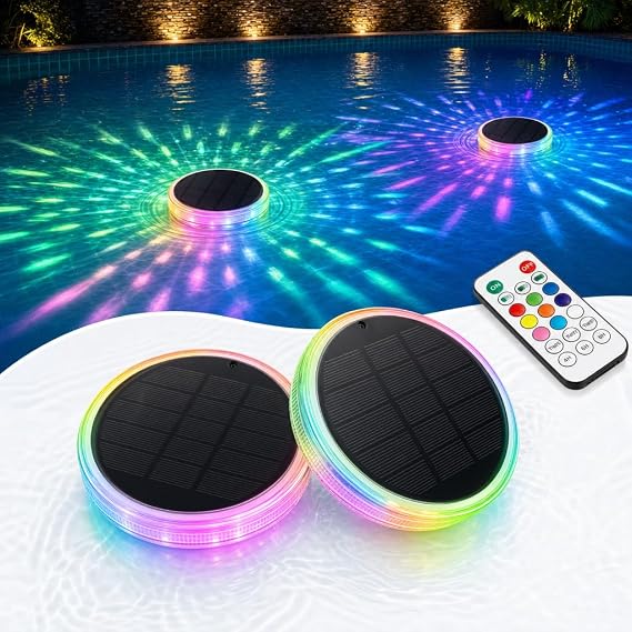 Irishom 2 Pack Solar Floating Pool Lights with Remote Control, Hot Tub Lights 7 Colour 16 Modes IPX7 Waterproof LED Colour Changing Garden Pond Lights