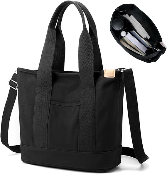 Aucuu Multi-Pocket Tote Bag, Canvas Tote Bags for Women, Crossbody Bags with Adjustable Strap, Large Capacity Shoulder Bag with Zipper, Ladies Handbags for School Shopping Work Travel