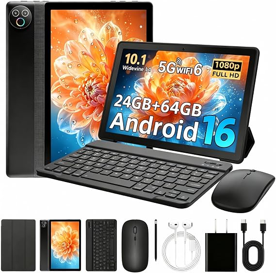 Android 16 Tablet, 10 inch Tablet, Android Tablets with Pen Case Keyboard Mouse Earphone, 24GB RAM+64GB ROM (TF 1TB), 6000mAh, WiFi 6, BT5.4, Dual Cameras & Speakers, Black