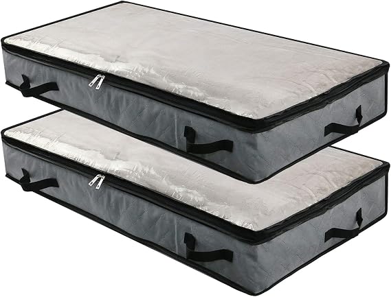 2pcs Soft Foldable Under Bed Storage Bags Blankets Clothes Comforters Storage Bags Organizer for Bedroom and Closet with Transparent Window, 4 Handles, Zipper, 100 * 50 * 15cm, Grey