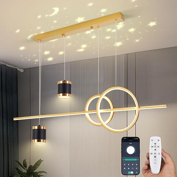 Modern LED Dining Table Pendant Lamp, Linear Dimmable Hanging Lamp  with Remote Control and App, for Dining Room Living Room Kitchen Bar Lamps [Energy Class C]