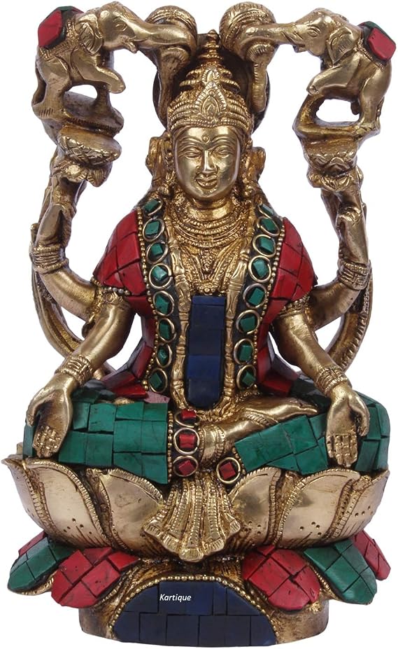 Kartique Goddess Maa Laxmi Idol Gajalakshmi Brass Statue Sitting on Lotus Two Auspicious Elephants Pour The Waters of Fertility Over Lakshmi for Home Decor Good Luck Vastu Remedy Multi Color 7 Inch