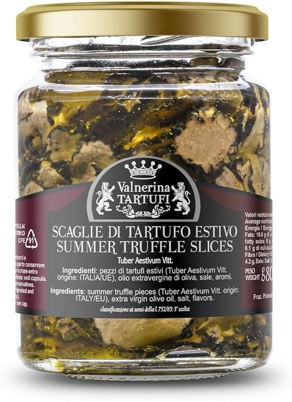 Valnerina Tartufi Summer Black Truffle Slices | Sliced Truffles, Slats, Carpaccio | Natural, Craft and Italian Preserved in EVO Extra Virgin Olive Oil | 80 gr jar.