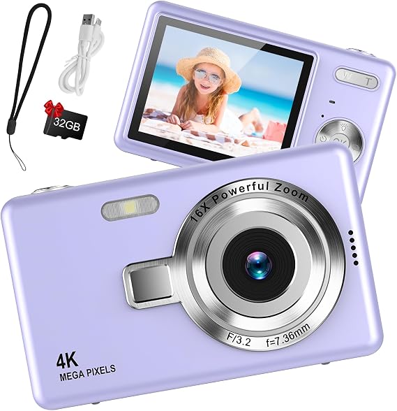 Digital Camera 1080P FHD 44MP - 2.4" LCD Screen with 32gb SD Card(Purple)