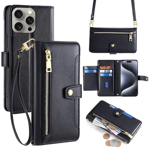 Compatible with Tecno Camon 40 Premier 5G Flip Kickstand Lanyard Zipper Card Slot Wallet Case Black
