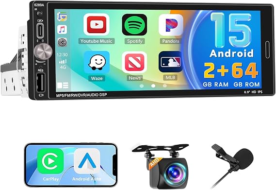 2+64GB Android Car Radio 1 DIN Wireless Carplay Android Car Hikity 6.9 Inch Screen Bluetooth Car Radio Navigation Reversing Camera WiFi FM RDS SWC