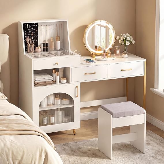 COSTWAY Dressing Table with 3-Color LED Lights Swivel Mirror and Stool, Makeup Table Vanity Desk with Charging Station, Glass Top, 3 Drawers, 120 Ring Slots, 10 Necklace Hooks & Side Cabinet (White)