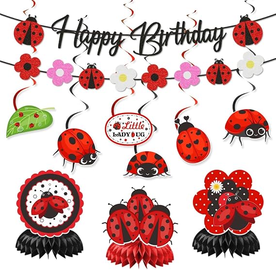 Ladybug Birthday Party Decorations Kit, Includes 1 "Happy Birthday" Banner, 1 Flower and Ladybug Banner, 6 Hanging Swirls, 6