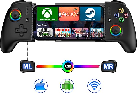 Universal Wireless Mobile Gaming Controller for iPhone/Android,Phone Gaming Controller with Hall Effect Joysticks &Programmable Buttons iPhone Gamepad Support Xbox Game Pass/PlayStation/Steam Link