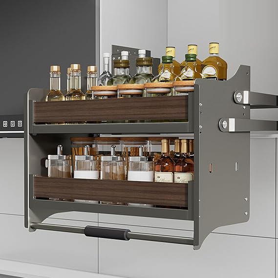 2 Tier Pull-Down System, Heavy Duty Drop Down Shelf for Kitchen, Bar and Cafe Upper Cabinets, 4 Bearing Weight Settings(46x26x53cm)