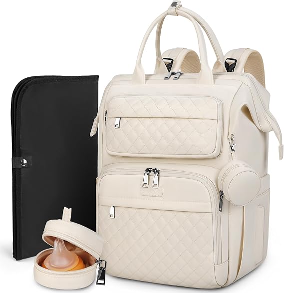RAINSMORE Baby Changing Backpack Large Changing Bag Backpack with Changing Mat Dummy Holder Pram Straps Baby Bag Nappy Bag Multifunctional for Mum and Dad Apricot