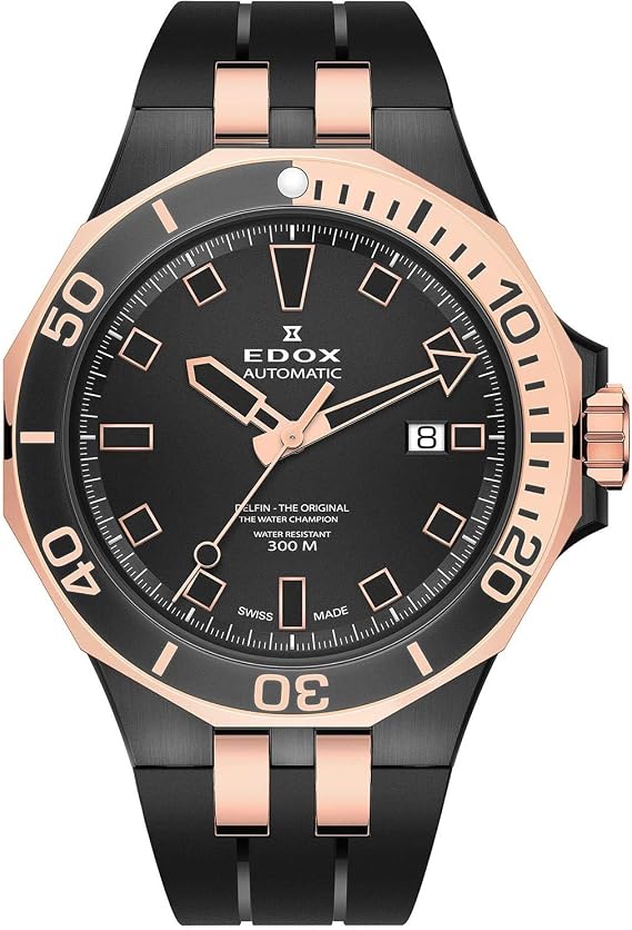 Edox Men's Delphin Original 43mm Black Rubber Band Steel Case Automatic Analog Watch 80110 357NRCA NIR, Black, sports