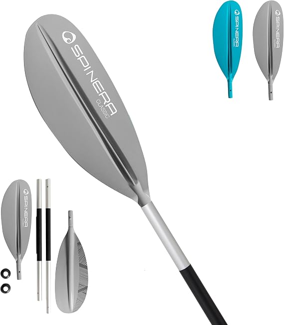 SPINERA Kayak Paddle Classic 240 cm - 4-Piece Aluminium Shaft PP + 40% FG Striker Blade Can be Dismantled & Lightweight - For Beginners & Advanced Users - Grey Colour - Robust All-Round Paddle
