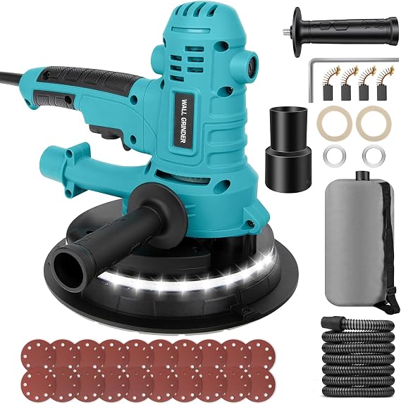 800W Electric Drywall Sander, Variable Speed1200-2300RPM Wall Sander with Vacuum, LED Lights, Dust Bag and Hose, 20 Pcs Sanding Discs, 4Pcs Carbon Brush