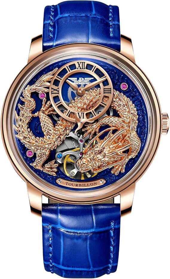 Automatik Uhr Herren - 3D Drache Design Herrenuhr Automatik mit Lederarmband 45.5mm Edelstahlgehäuse Luxuriöse Uhr Herren für Alltag & Festlichkeiten