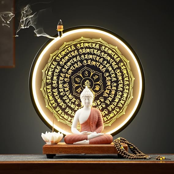 Houlu Red Buddha Statue and Circle LED Table Lamp, Ceramic Buddha Statue for Home Décor