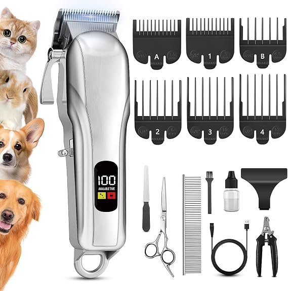 Professional Dog Clippers for Thick Hair, Low Noise Grooming Nail Kits with Stainless Steel Blade,Cordless Dog Grooming Clippers with 6 Guide Combs for Pets and Animals