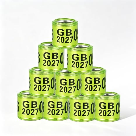 100Pcs Fluorescent Green Aluminium GB 2027 Pigeon Leg Rings Dove Leg Rings Identify Pigeon Bands with 2027 Training Identify Birds Foot Ring for Racing or Homing Pigeons, Parrots,Small Poultry