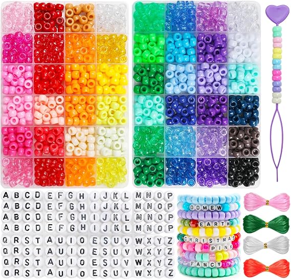 Tiehuoxia Pony Beads for Bracelet Making, 48 Colors Bracelet Making Kit with Elastic Strings, 6 * 9mm Beads for Jewelry, Hair Braids, Crafts