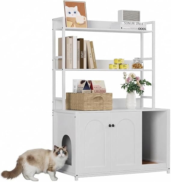 Cat Litter Box Enclosure with 3-Tier Storage – 89x45x132cm Hidden Wooden Furniture with Double Doors & Separate Partition, Multi-Functional Cat House Bookshelf for Bedroom & Living Room – White