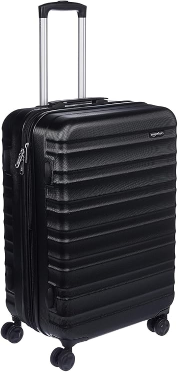 Amazon Basics Hard Shell Suitcase Medium Expandable ABS Travel Luggage 4 Double Spinner Wheels Scratch Resistant 68cm x 45.1cm x 28.6cm 65L 4.3kg Black for Business Travel and Holiday
