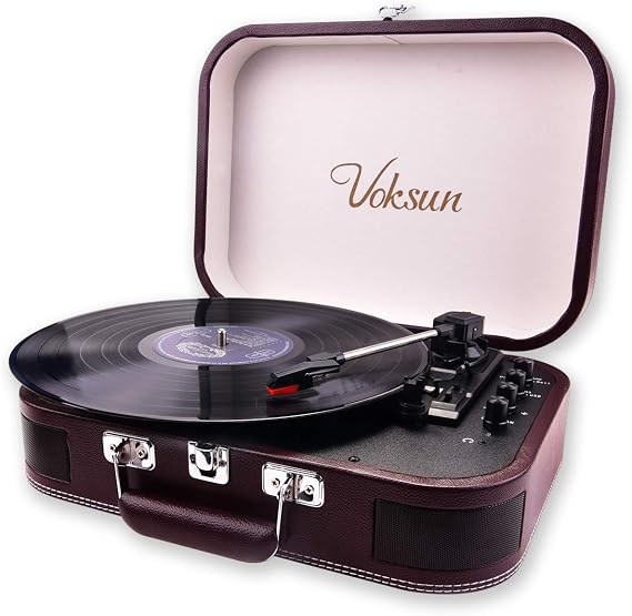 VOKSUN Portable Record Player, Vintage Vinyl Player Suitcase with Built-in Speakers & Bluetooth, 3-Speed Belt-Drive Turntable, Supports MP3 Recording via USB, AUX/RCA/Headphone Jack,Red