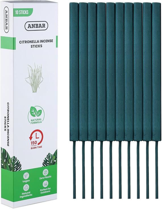 Anbar Citronella Incense Sticks - Natural Plant Based with Refreshing Citrus Scent, Lasting Up To 2.5 Hours, For Indoor/Outdoor Use, Garden, Camping, BBQ. 10 Sticks