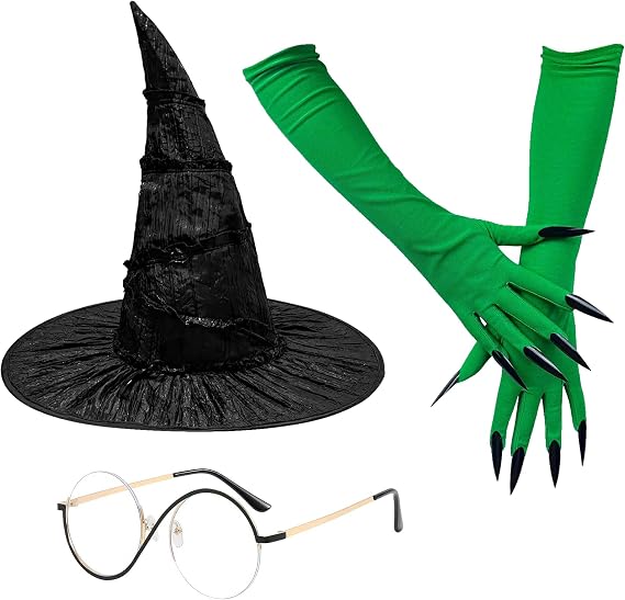 3 Pcs Halloween Witch Elphaba Costume Accessories, Black Witchy Hat Elphie Glasses Green Gloves for Women for Cosplay Dress Up