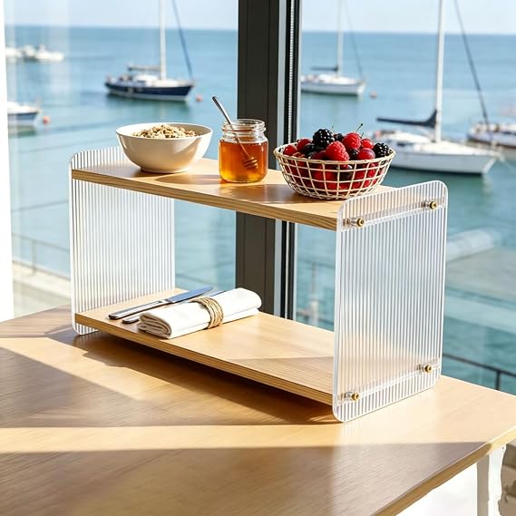 Matcha & Coffee Station Organizer 2-Tier Acrylic Wood Shelf — All-in-One Countertop Storage Rack for Mugs, Coffee Beans, Syrup, Condiments, Ideal for Kitchen, Home & Office