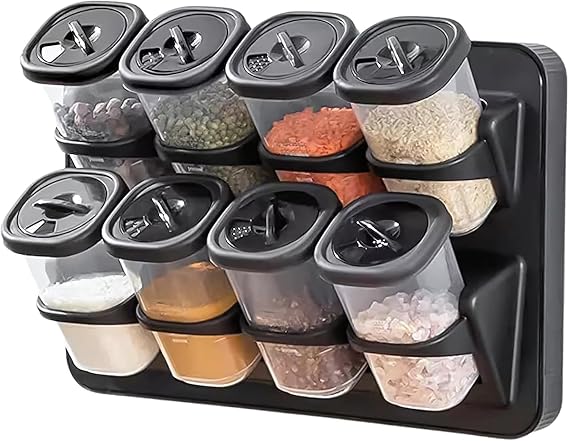8'li Duvara Asmalı Baharatlık Seti - Tezgah Üstü Stantlı, Yapışkanlı ve 360 Derece Döner Kapaklı Plastik Mutfak Baharatlık, Antrasit Renk