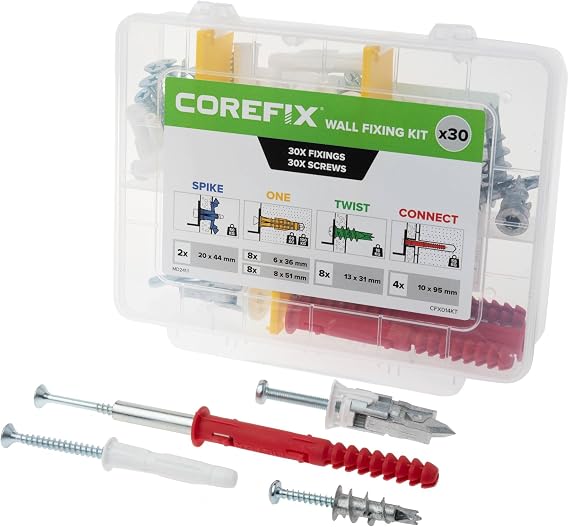 Corefix Complete Wall Fixing Kit (Pack of 30), Self Drilling Plasterboard Fixings, Raw Plugs and Screws & Cavity Wall Screws. Suitable for Plasterboard, Dot & Dab, Masonry & Cavity Walls.