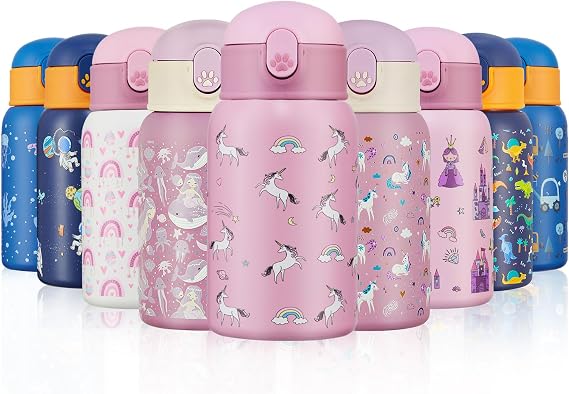 Kids Water Bottles with Straw 400ml, Childrens Insulated Water Bottle Stainless Steel BPA-Free, Kids Metal Water Bottle for Girls/Boys, Keep Hot/Cold