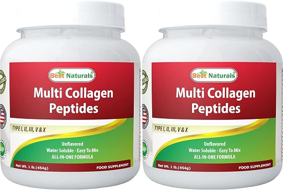 Best Naturals Multiple Collagen Peptides Protein Type I, II III, V & X Collagen unflavored 1 Pound - Grass Fed & Pasture Raised - Water Soluble - Easy to Mix (1 LB (Pack of 2))