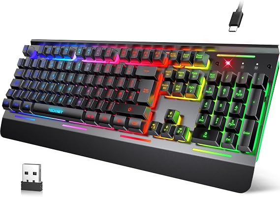 TECKNET Wireless Gaming Keyboard, 2.4G & Wired, RGB Backlit, Black