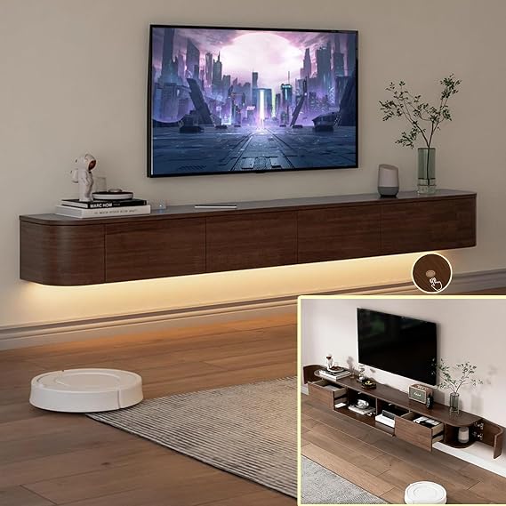 Floating TV Stand, Solid Wood Wall TV Shelf with Door, TV Media Console, Wall Mounted TV Cabinet with Large Storage Space, TV Bench for