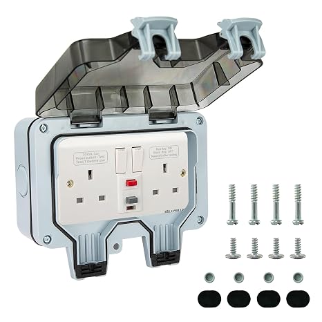 IP66 Weatherproof Socket Box 2-Gang 2-Socket Switched, UKCA Certified 230V 13A Outdoor/Indoor Waterproof Power Outlet, 30mA RCD Leakage Protection, 40ms Fast Trip, UK Standard Socket