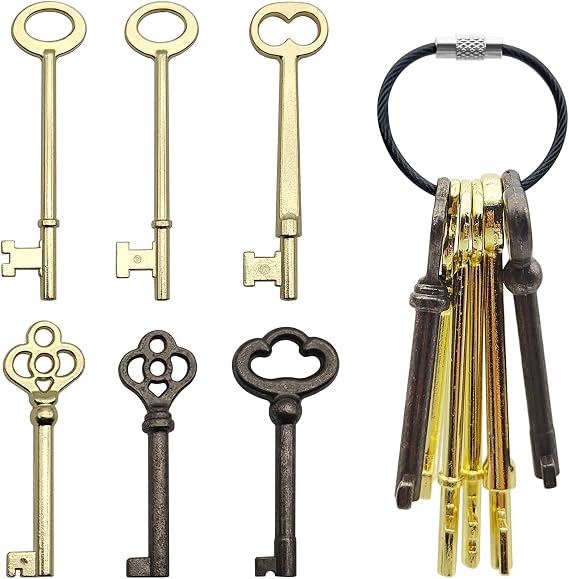 Skeleton Key Set, 6 Pcs Universal Hollow Barrel Skeleton Keys with Wire Rope Keychain, Antique Vintage Key Kit for Vintage Furniture and Locks