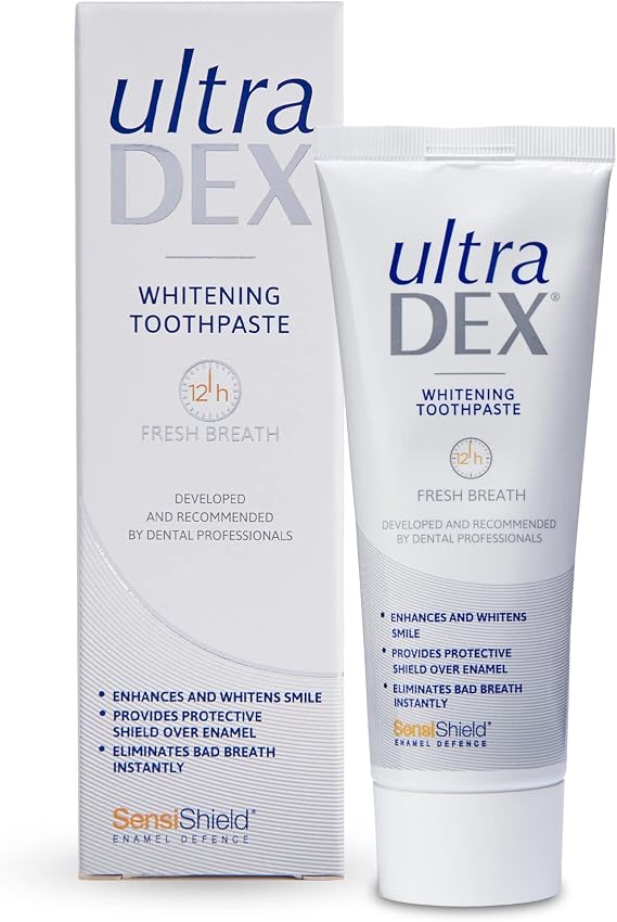 UltraDEX Whitening Toothpaste + Enamel Defense, Clinically Proven 12hr Bad Breath Treatment, For Sensitive Teeth, with Fluoride, Mint 75 ml