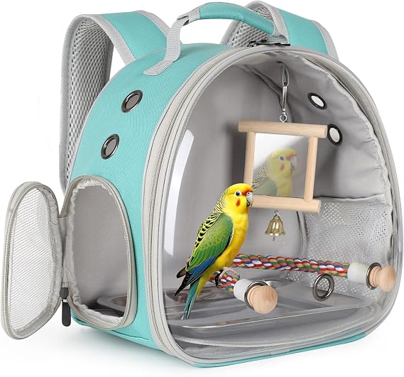 Transparent Bird Carrier Backpack with Pet Mirror Stand Toy, Portable Travel Parrot Cage Backpack with Parrot Stand Perch, Pet Travel Bag for Parrots, Cockatiels, Love Bird,Small Birds