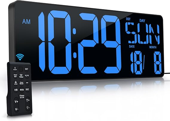 Large Digital Wall Clock with Remote Control 17.2" LED Large Display Timer with Temperature Date Week Auto DST Adjustable Brightness, Big Wall Alarm Clock for Office (080Blue)