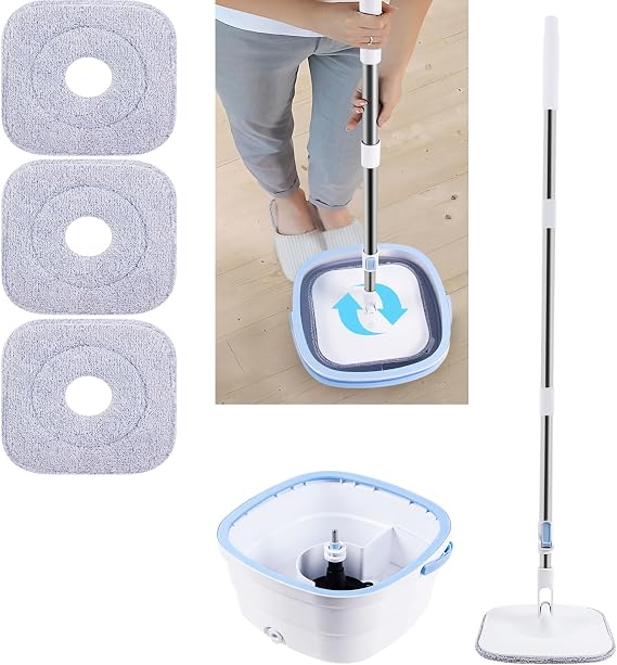 Spin Mop - 360° Spin Mop & Bucket Set for Effective Floor Cleaning, Auto Spin Mechanism, Telescopic Handle 108-133.5 cm, Includes 3 Microfibre Spin Mop Heads, Blue + White