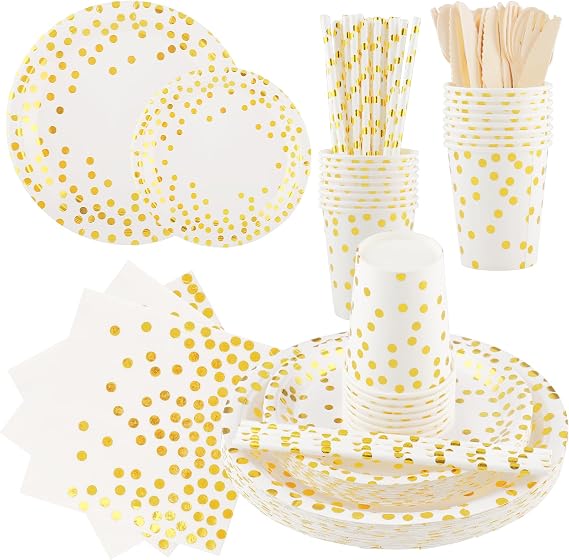 Party Tableware, 200 Pieces Dots Set of Plates and Cutlery, Cardboard Cutlery Cups and Napkins for Birthdays, Anniversaries
