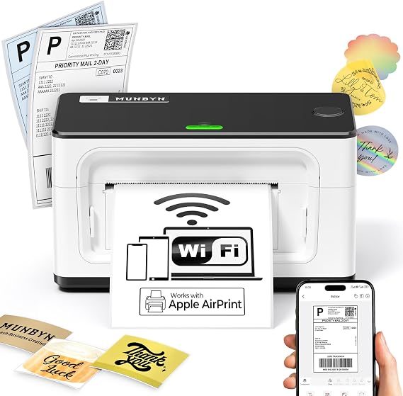 MUNBYN Wireless Thermal Printer, Wi-Fi Shipping Label Printer, Compatible with iPhone iPad Mac Android Windows Chromebook, for Etsy Shopify Royal Mail DHL DPD Evri, ITPP941 AirPrint