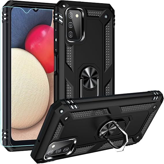 Galaxy A03S ケース ミリタリーグレード 16フィート 落下テスト済み HDスクリーンプロテクター、磁気リングホルダー&キックスタンド付き ブラック