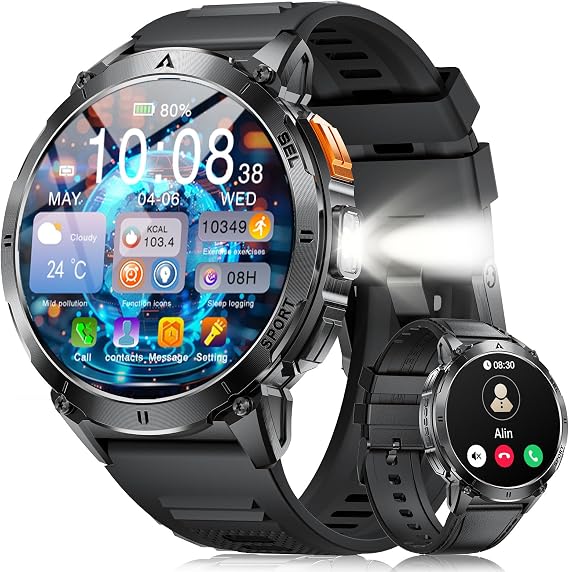 LIGE Military Smart Watch for Men with Bluetooth Call,1.62" AMOLED with LED Flashlight/730mAh,100+ Sports Mode Tactical Fitness Tracker/Heart Rate Sleep Health Monitor for Android iOS Dark