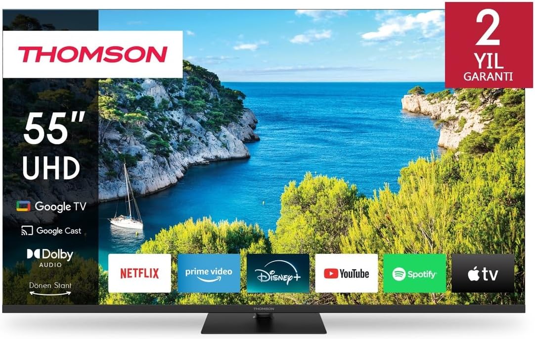 Thomson 55 İnç (139 cm) 4K Ultra HD Google TV, HDR10, Dolby Audio, Google Assistant, Chromecast Built-in, Döner Stand, Wi-Fi, Uydu Alıcılı Akıllı LED TV [Enerji Sınıfı F]