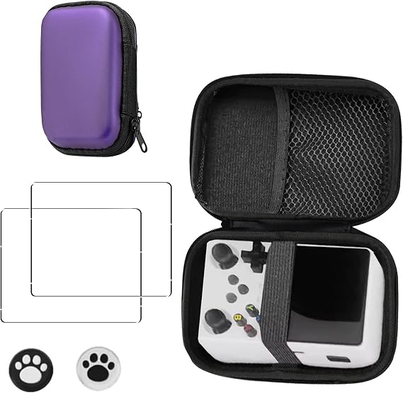 KUSINHOKA Case for R36S/RG35XX/RG353V + [2 Pack] Screen Protector with 2 Thumb Grip Caps,Shockproof and Waterproof Hard Carrying Case Multi-Function Storage Carrying Universal Travel Case,Purple